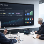 Business executives reviewing AI implementation dashboard and ROI metrics in a modern meeting room, 2026