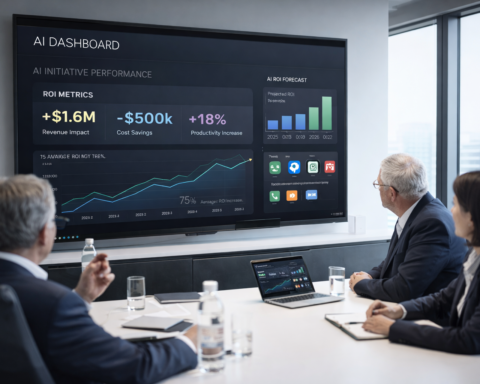 Business executives reviewing AI implementation dashboard and ROI metrics in a modern meeting room, 2026