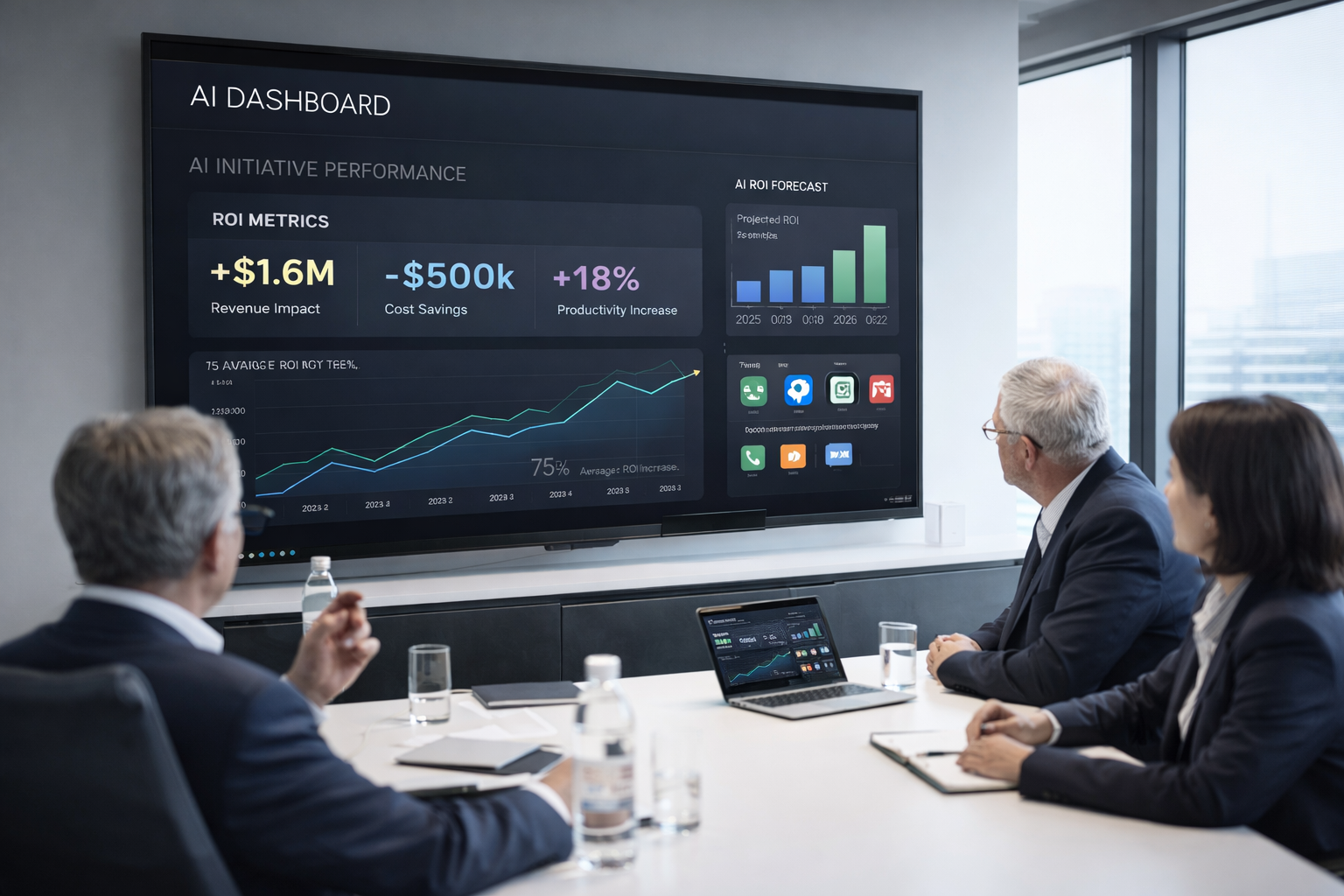 Business executives reviewing AI implementation dashboard and ROI metrics in a modern meeting room, 2026