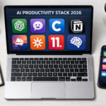 Flat-lay of a productivity workspace showing multiple AI tool interfaces on a laptop screen, 2026