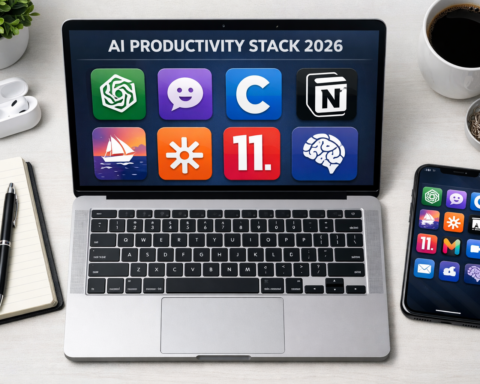 Flat-lay of a productivity workspace showing multiple AI tool interfaces on a laptop screen, 2026