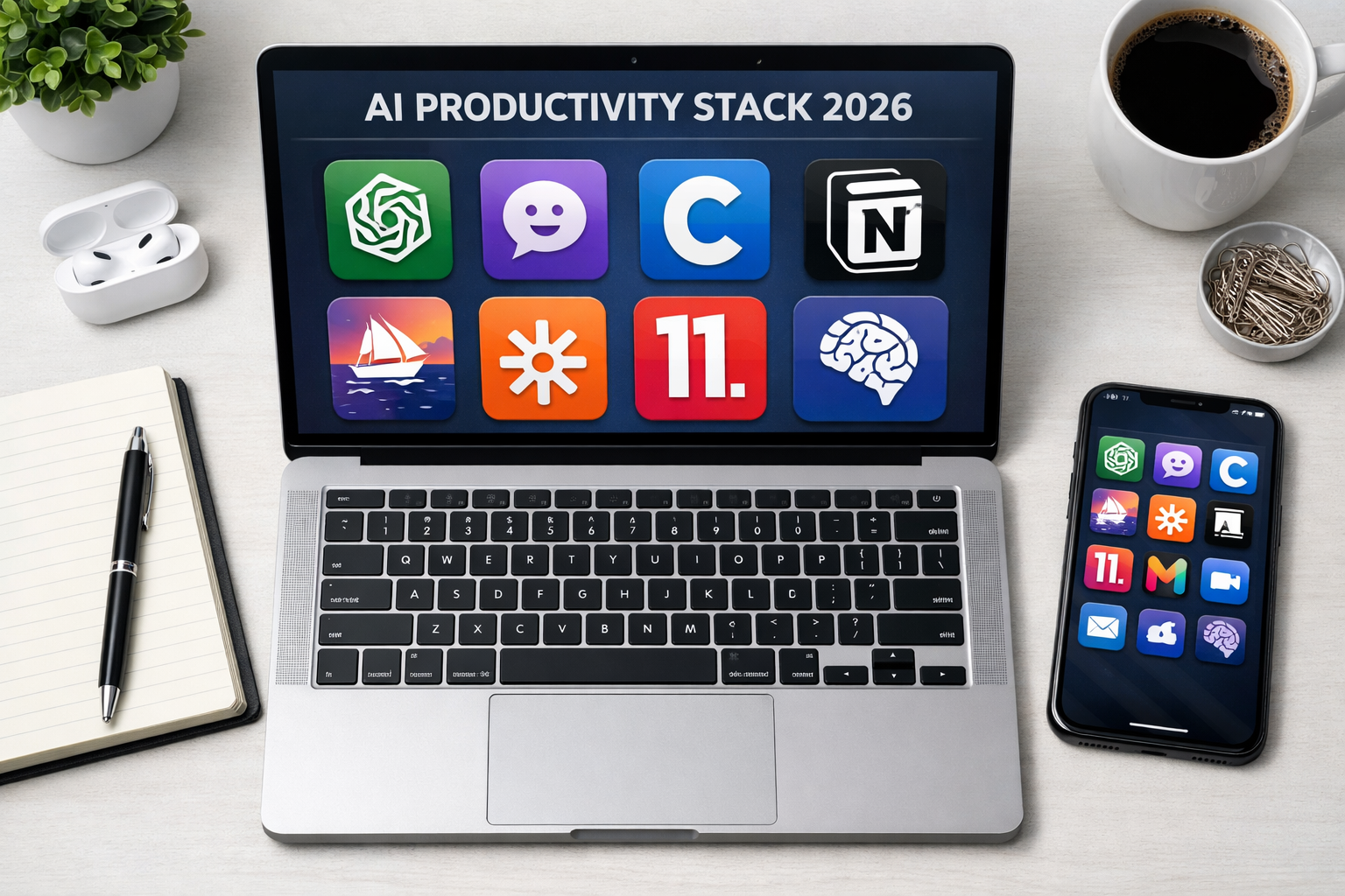 Flat-lay of a productivity workspace showing multiple AI tool interfaces on a laptop screen, 2026