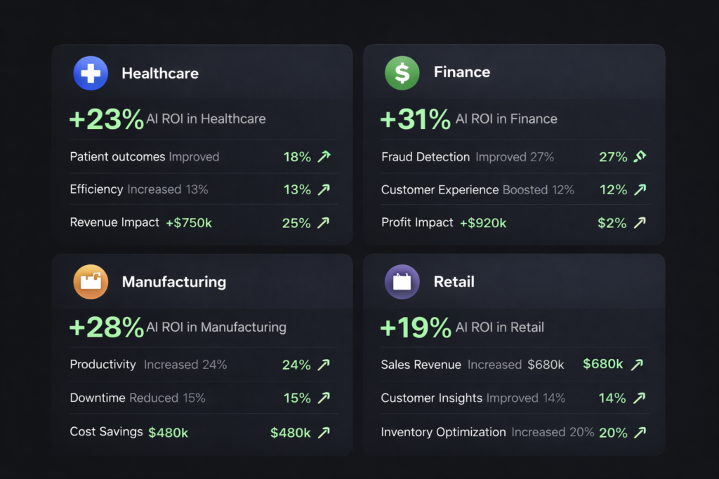 AI ROI dashboard showing measurable results across healthcare, finance, manufacturing, and retail use cases, 2026