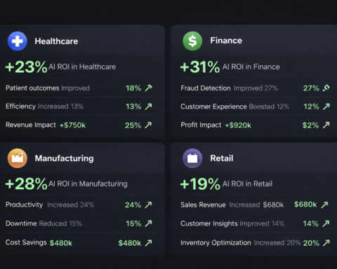 AI ROI dashboard showing measurable results across healthcare, finance, manufacturing, and retail use cases, 2026