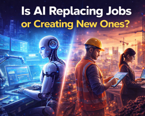 Side-by-side graphic showing job roles declining and emerging due to AI automation in 2026, workforce transformation data