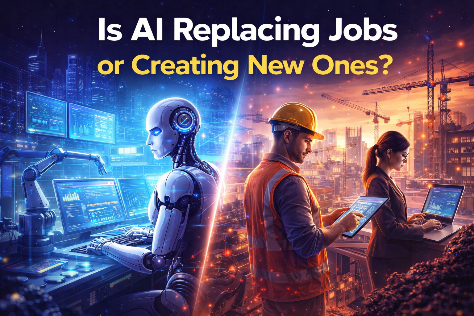 Side-by-side graphic showing job roles declining and emerging due to AI automation in 2026, workforce transformation data