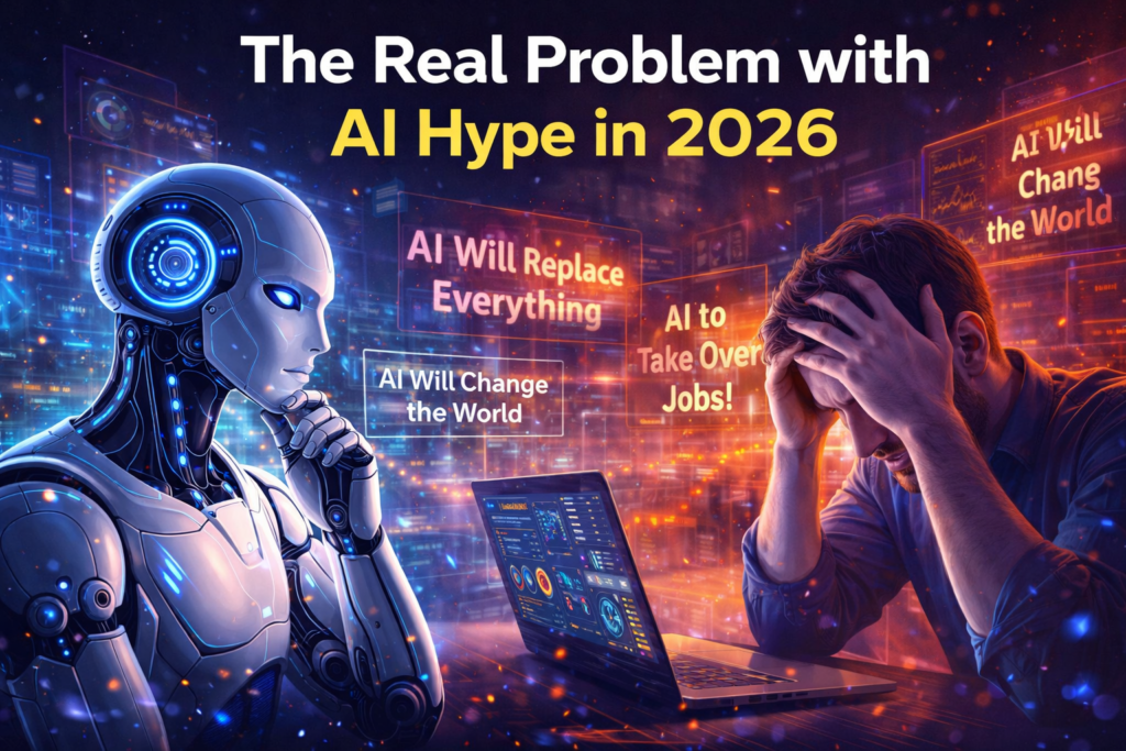 Split image showing a dramatic AI marketing headline versus a quiet office where someone stares at a loading screen — AI hype versus reality, 2026