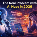 Split image showing a dramatic AI marketing headline versus a quiet office where someone stares at a loading screen — AI hype versus reality, 2026