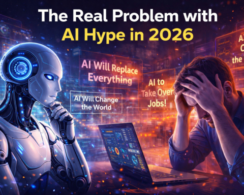 Split image showing a dramatic AI marketing headline versus a quiet office where someone stares at a loading screen — AI hype versus reality, 2026