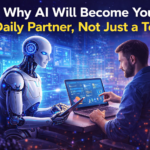 Person working at a desk with an AI assistant interface open on their screen, natural morning light, 2026