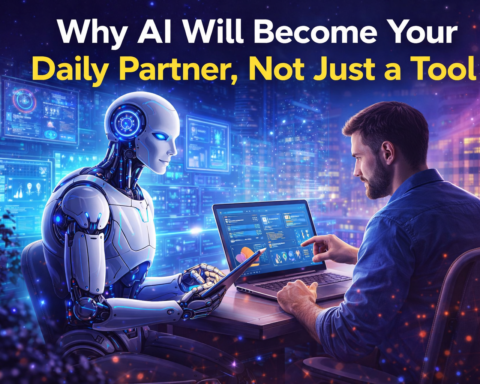 Person working at a desk with an AI assistant interface open on their screen, natural morning light, 2026