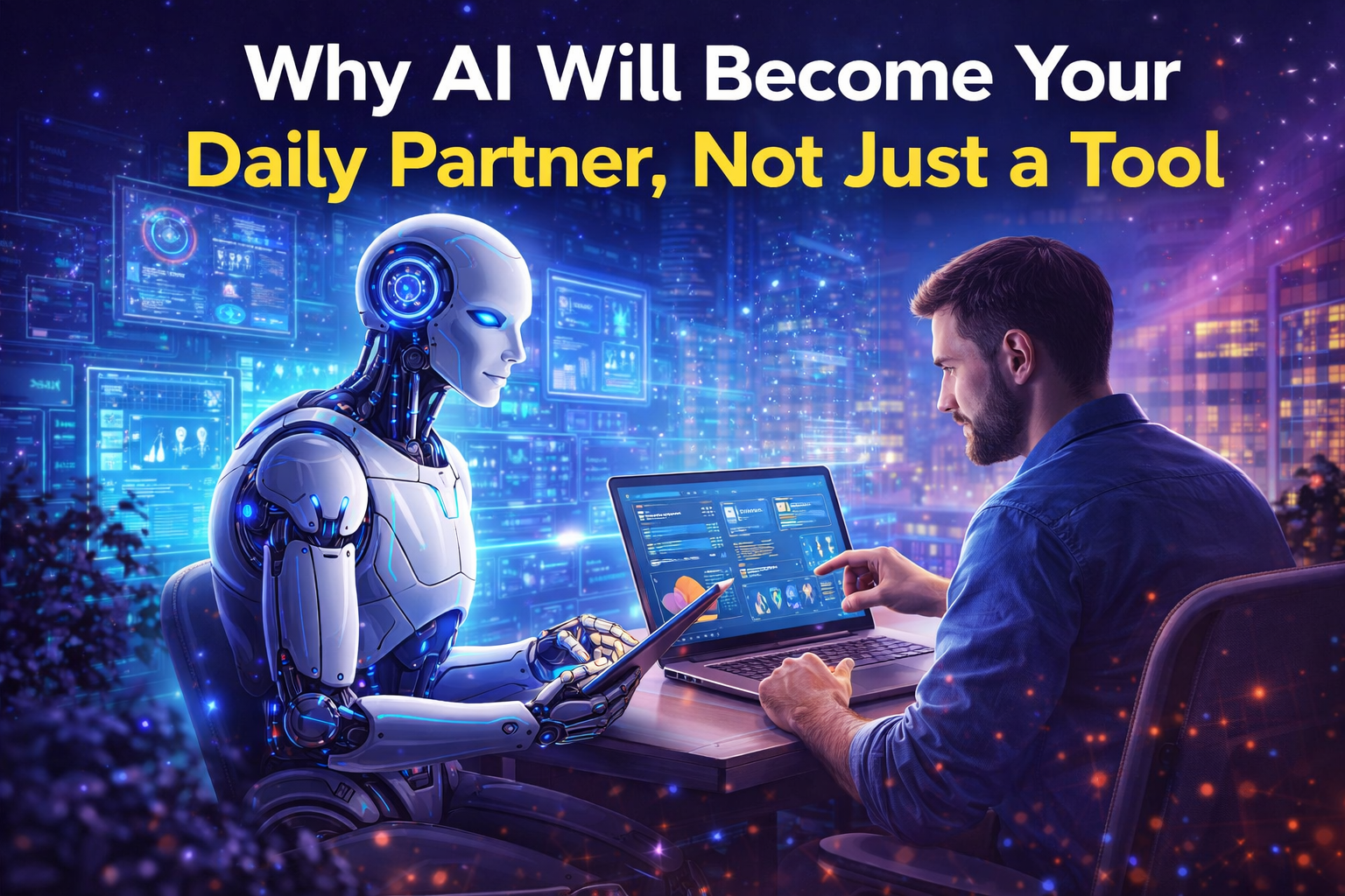 Person working at a desk with an AI assistant interface open on their screen, natural morning light, 2026