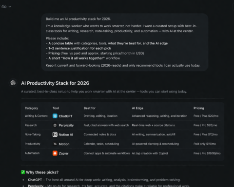 Beginner using ChatGPT with a well-structured prompt on screen, showing the AI response, tutorial screenshot 2026