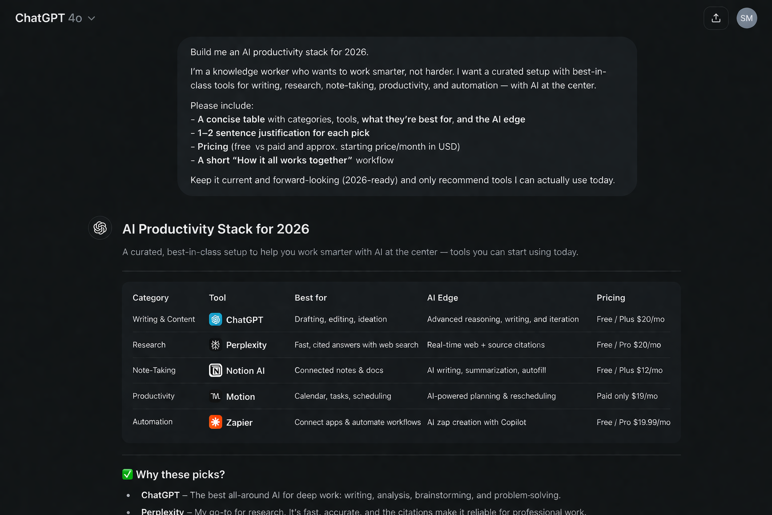 Beginner using ChatGPT with a well-structured prompt on screen, showing the AI response, tutorial screenshot 2026