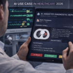 Doctor reviewing an AI-assisted diagnostic report on a tablet in a hospital setting, with patient monitoring dashboard visible in background — AI use case in healthcare 2026