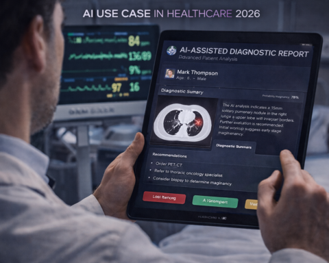 Doctor reviewing an AI-assisted diagnostic report on a tablet in a hospital setting, with patient monitoring dashboard visible in background — AI use case in healthcare 2026