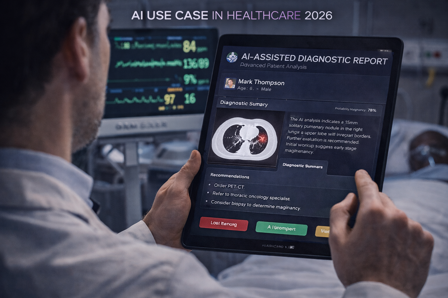Doctor reviewing an AI-assisted diagnostic report on a tablet in a hospital setting, with patient monitoring dashboard visible in background — AI use case in healthcare 2026