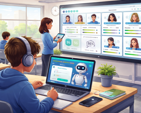 create featured image for Student working with an AI tutoring interface on a laptop while a teacher monitors a classroom dashboard showing individual student progress — AI education use case in 2026