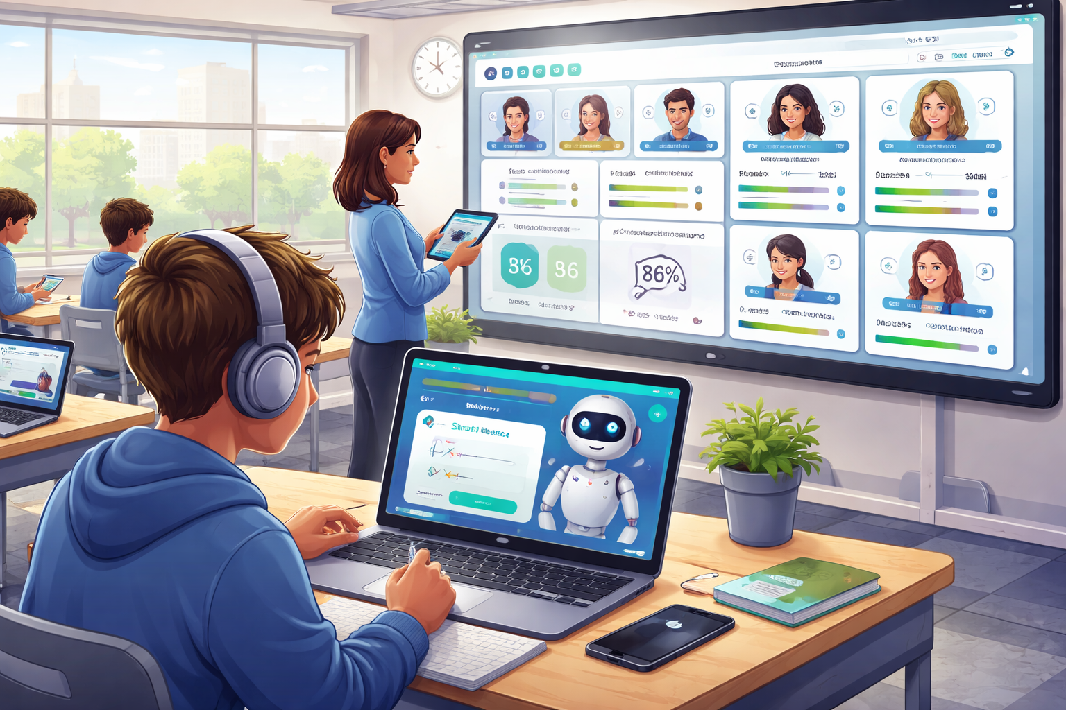 create featured image for Student working with an AI tutoring interface on a laptop while a teacher monitors a classroom dashboard showing individual student progress — AI education use case in 2026