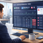 Banking professional reviewing an AI fraud detection dashboard showing real-time transaction monitoring, risk scores, and automated flagging system — AI use case in finance and banking 2026