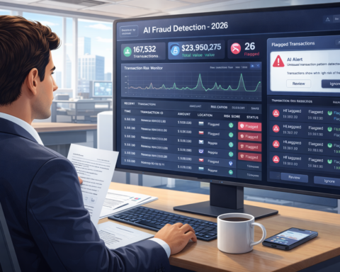 Banking professional reviewing an AI fraud detection dashboard showing real-time transaction monitoring, risk scores, and automated flagging system — AI use case in finance and banking 2026