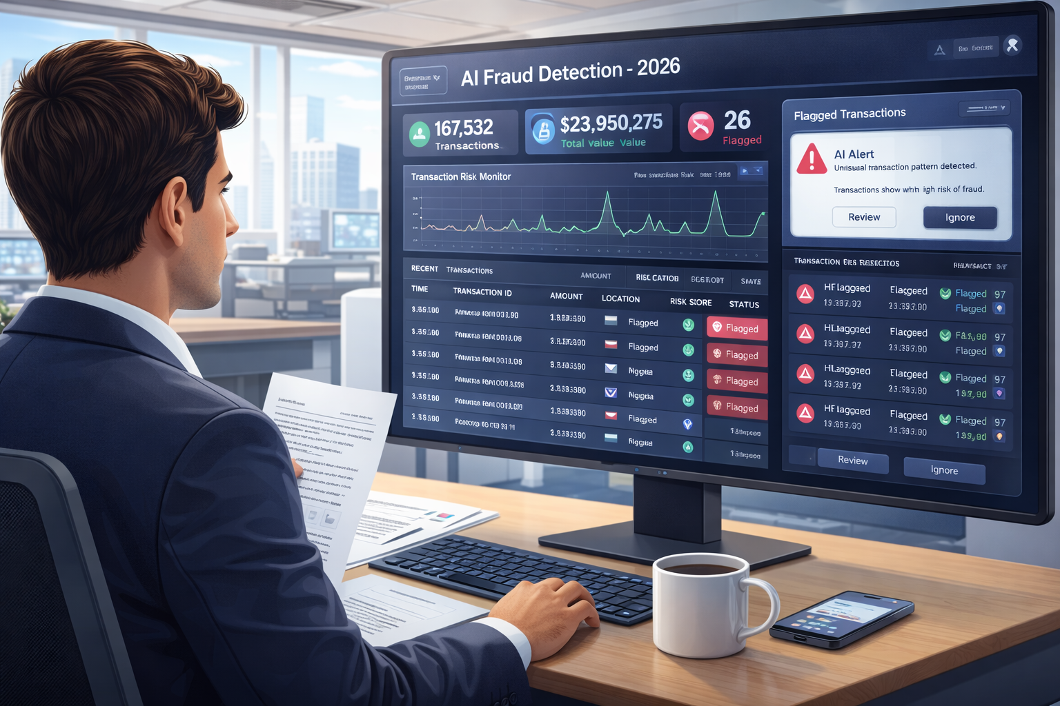 Banking professional reviewing an AI fraud detection dashboard showing real-time transaction monitoring, risk scores, and automated flagging system — AI use case in finance and banking 2026