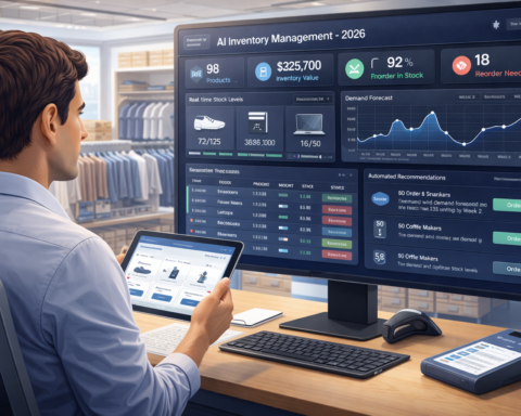 Retail store manager reviewing an AI inventory management dashboard showing real-time stock levels, demand forecasts, and automated replenishment recommendations — AI use case in retail 2026