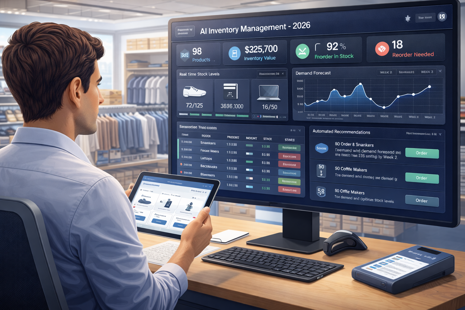 Retail store manager reviewing an AI inventory management dashboard showing real-time stock levels, demand forecasts, and automated replenishment recommendations — AI use case in retail 2026