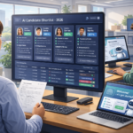 HR professional reviewing an AI-generated candidate shortlist on a dashboard while a new employee completes AI-guided onboarding on a separate screen — AI use cases in human resources 2026