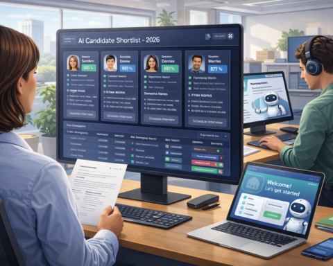 HR professional reviewing an AI-generated candidate shortlist on a dashboard while a new employee completes AI-guided onboarding on a separate screen — AI use cases in human resources 2026