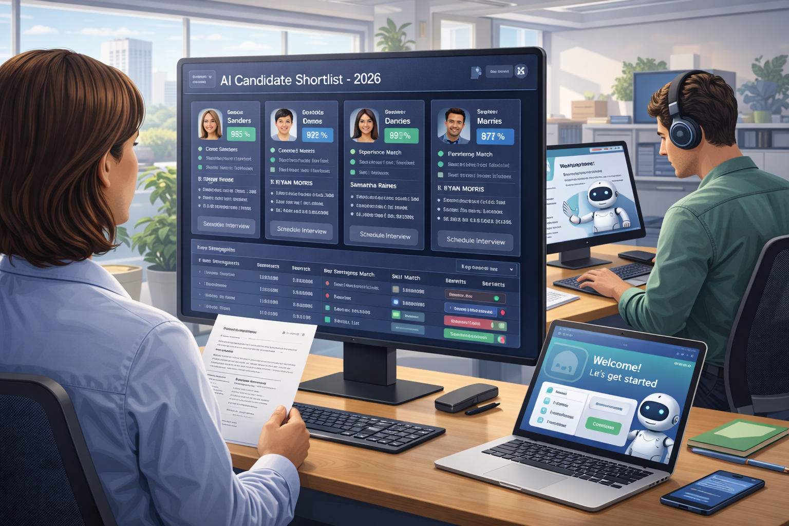 HR professional reviewing an AI-generated candidate shortlist on a dashboard while a new employee completes AI-guided onboarding on a separate screen — AI use cases in human resources 2026
