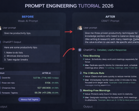 Before and after comparison showing a weak AI prompt producing generic output versus a structured CRAFT prompt producing a detailed, useful response — prompt engineering tutorial 2026