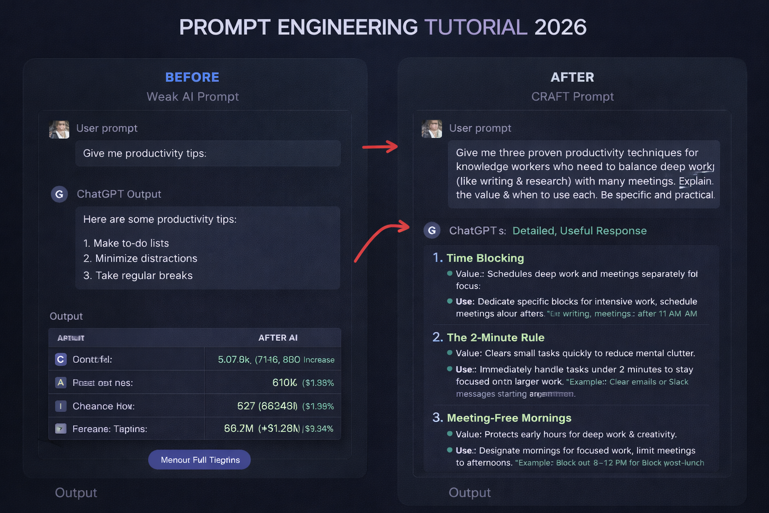Before and after comparison showing a weak AI prompt producing generic output versus a structured CRAFT prompt producing a detailed, useful response — prompt engineering tutorial 2026