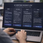 Writer working on a laptop with a structured AI writing workflow visible on screen — showing brief, outline, draft, and edit stages of AI-assisted content creation in 2026