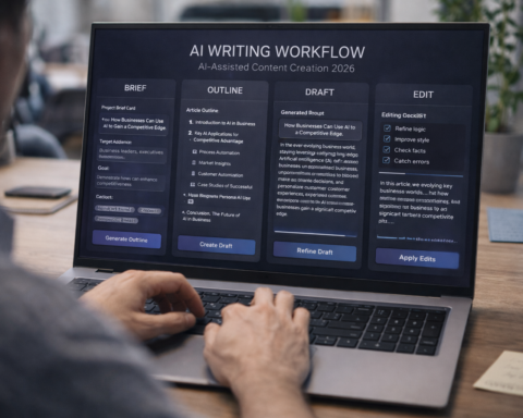 Writer working on a laptop with a structured AI writing workflow visible on screen — showing brief, outline, draft, and edit stages of AI-assisted content creation in 2026