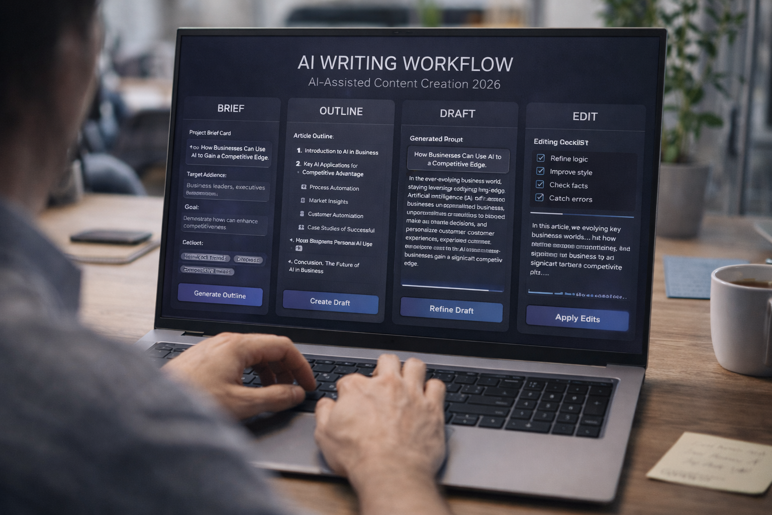 Writer working on a laptop with a structured AI writing workflow visible on screen — showing brief, outline, draft, and edit stages of AI-assisted content creation in 2026