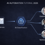 Simple AI workflow diagram showing email arriving, AI classification step, and automatic routing to different team members — beginner AI automation tutorial 2026