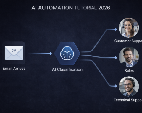 Simple AI workflow diagram showing email arriving, AI classification step, and automatic routing to different team members — beginner AI automation tutorial 2026