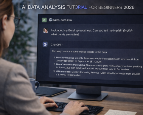 Non-technical professional uploading an Excel spreadsheet to ChatGPT and asking in plain English what trends are visible — AI data analysis tutorial for beginners, 2026