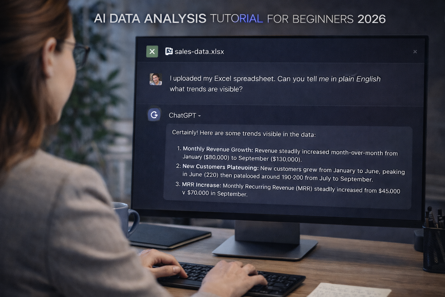 Non-technical professional uploading an Excel spreadsheet to ChatGPT and asking in plain English what trends are visible — AI data analysis tutorial for beginners, 2026