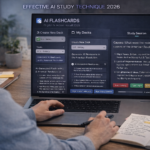 Student using AI flashcard generation and practice testing on a laptop, with physical notes visible beside them — effective AI study technique combining digital and active recall, 2026