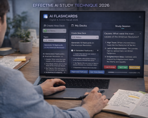 Student using AI flashcard generation and practice testing on a laptop, with physical notes visible beside them — effective AI study technique combining digital and active recall, 2026