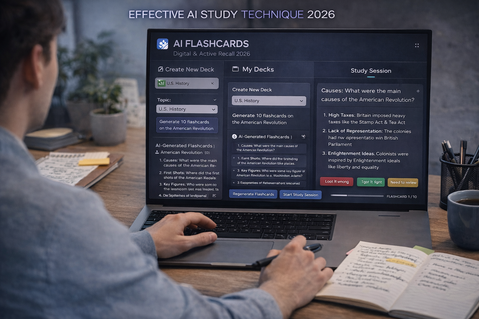 Student using AI flashcard generation and practice testing on a laptop, with physical notes visible beside them — effective AI study technique combining digital and active recall, 2026