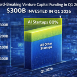 Venture capital funding chart showing record-breaking $300 billion invested in Q1 2026, with AI startups receiving 80% — startup ecosystem data visualization