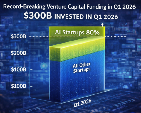 Venture capital funding chart showing record-breaking $300 billion invested in Q1 2026, with AI startups receiving 80% — startup ecosystem data visualization
