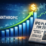 Anthropic logo alongside enterprise revenue growth chart and IPO announcement news — representing Anthropic's revenue milestone and planned public listing in 2026