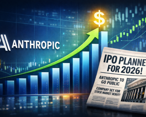 Anthropic logo alongside enterprise revenue growth chart and IPO announcement news — representing Anthropic's revenue milestone and planned public listing in 2026