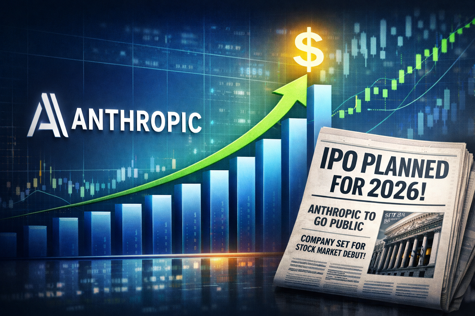 Anthropic logo alongside enterprise revenue growth chart and IPO announcement news — representing Anthropic's revenue milestone and planned public listing in 2026