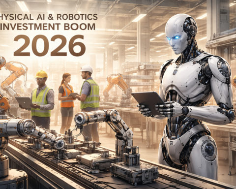 Humanoid robot working in an industrial facility alongside human workers — representing the physical AI and robotics startup investment trend in 2026