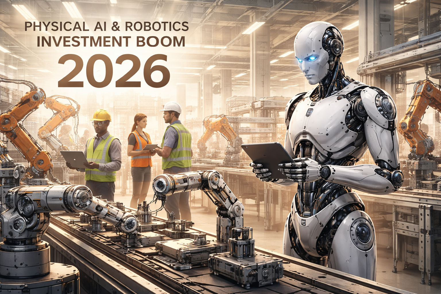 Humanoid robot working in an industrial facility alongside human workers — representing the physical AI and robotics startup investment trend in 2026